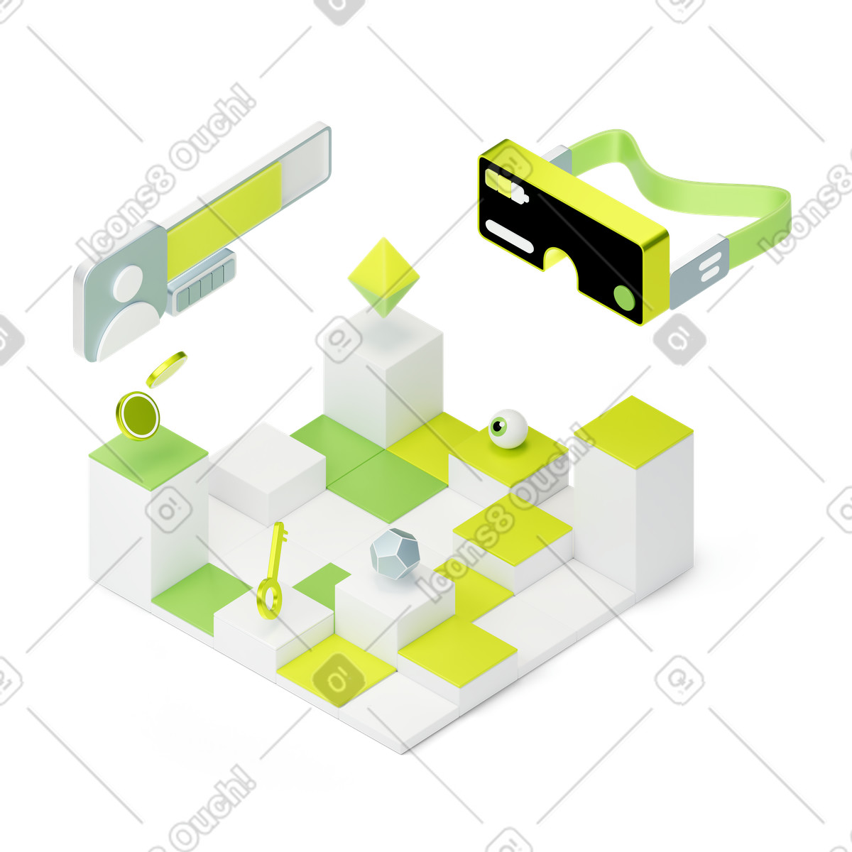 Ilustração animada de VR headset and game level blocks, Virtual reality gaming em no estilo 3D Isometric para baixar em GIF, Lottie (JSON), AE