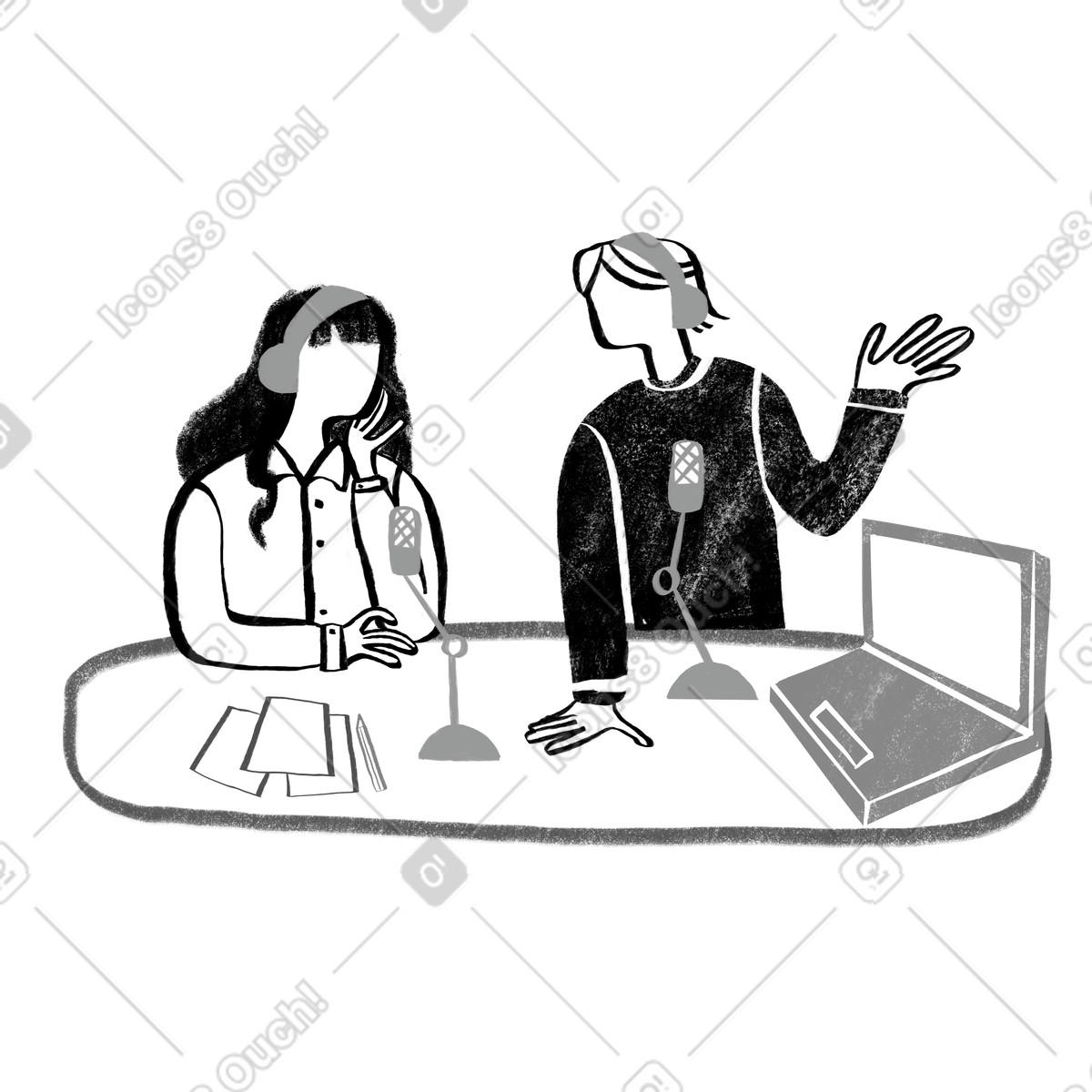Black and white two hosts talking on a podcast illustration in Company style download in PNG, SVG