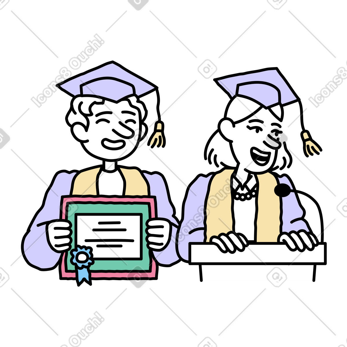 A young man and a young woman graduating illustration in Notes style download in PNG, SVG