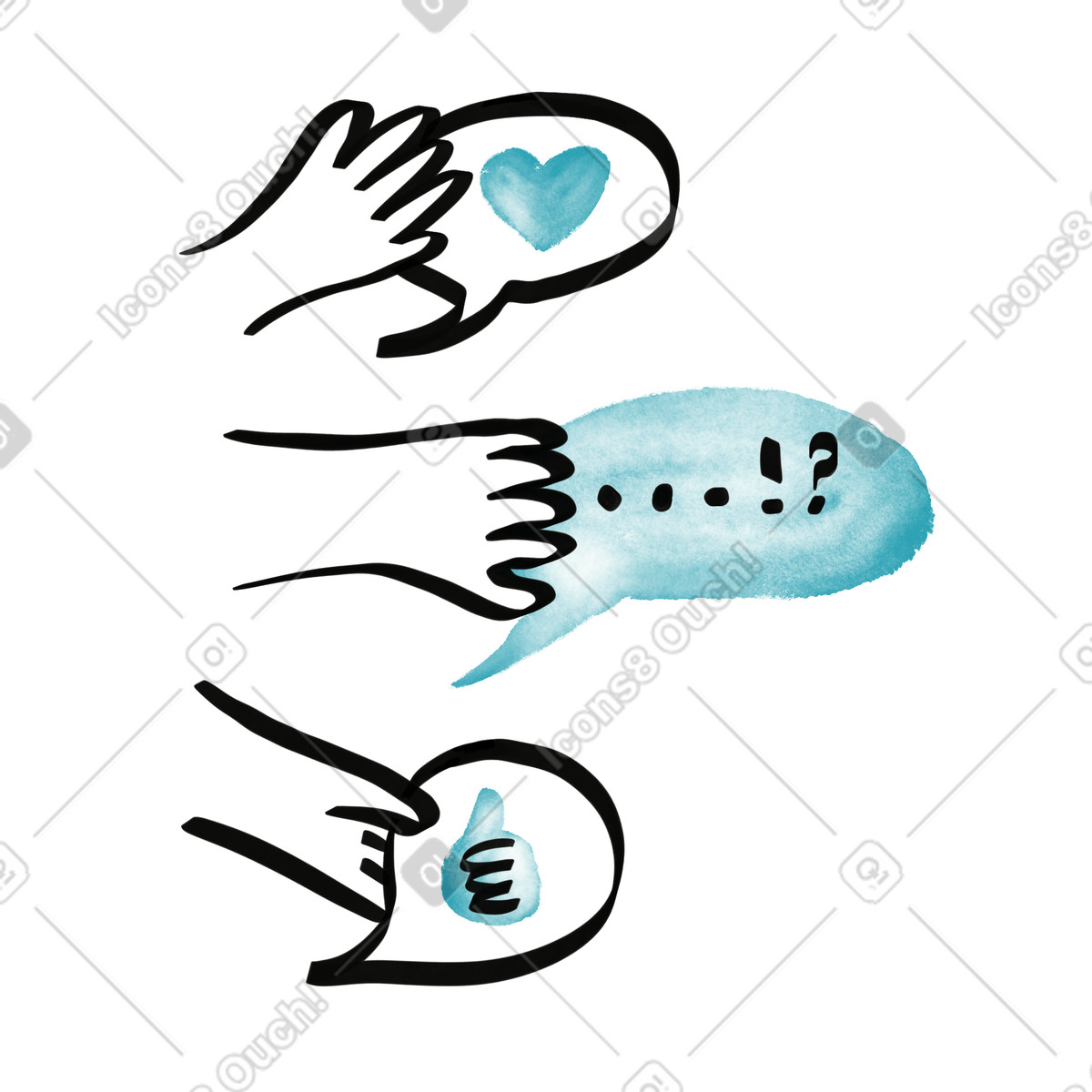 Watercolor sketch 스타일의 Social media hands interacting with heart reaction and like icon 일러스트레이션 PNG, SVG 다운로드
