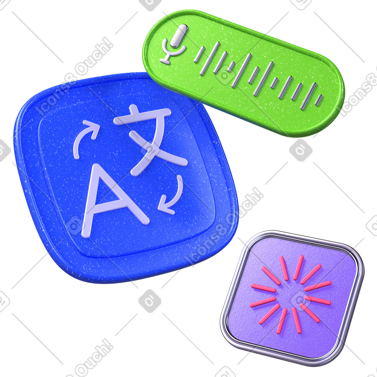 Illustration Icônes de traduction et reconnaissance vocale, technologie communication multilingue dans le style 3D Boost à télécharger aux formats PNG, SVG