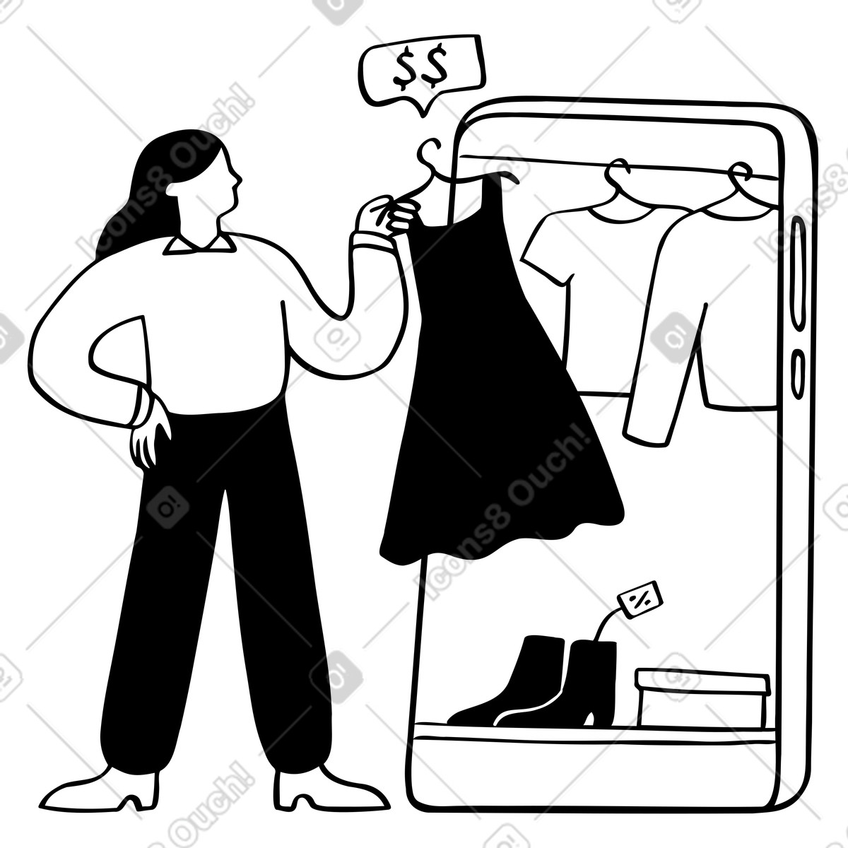 Donna che sceglie e acquista vestiti online illustrazione in stile Journal scarica in PNG, SVG