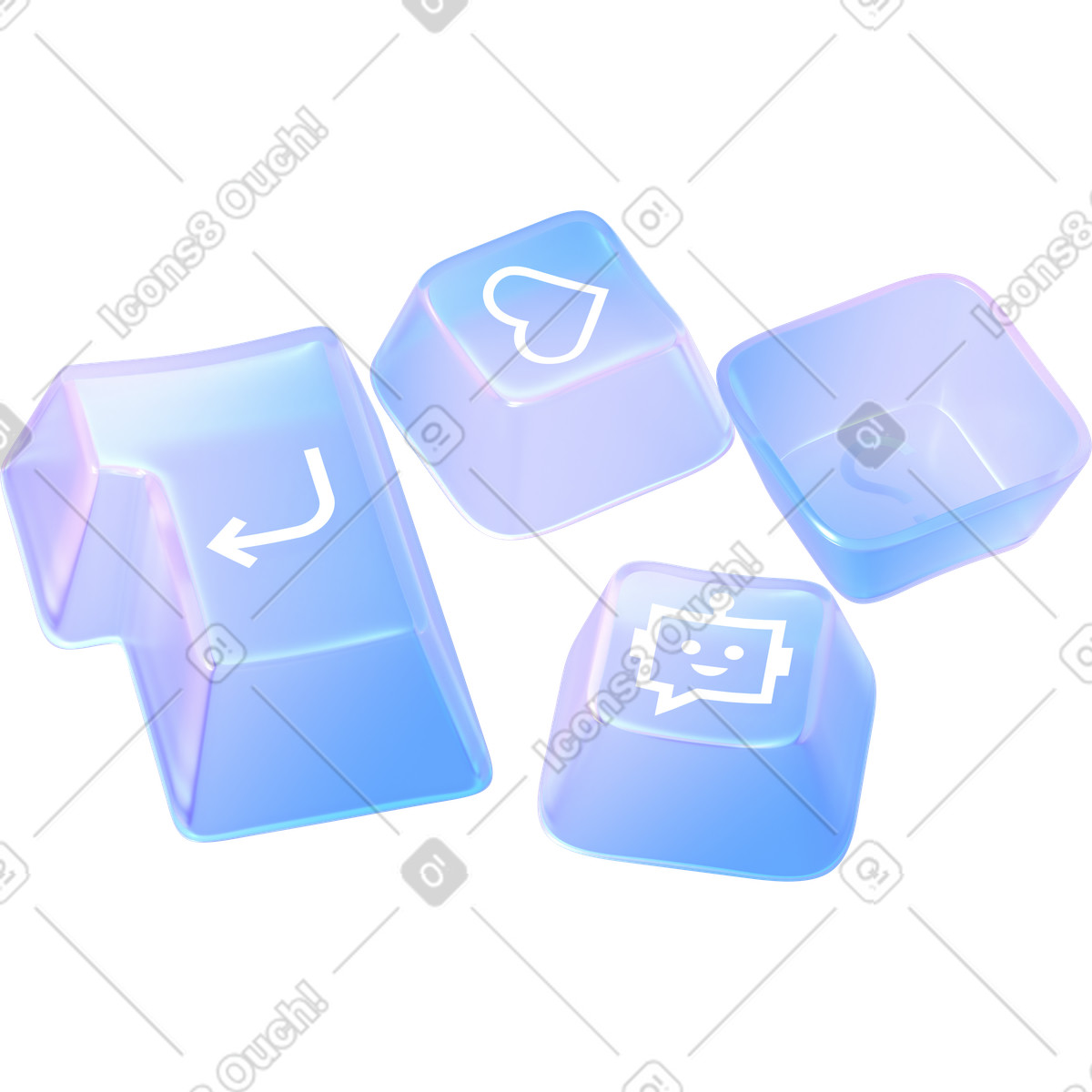Glass heart, bot, question and enter keys illustration in 3D Glassy style download in PNG, SVG