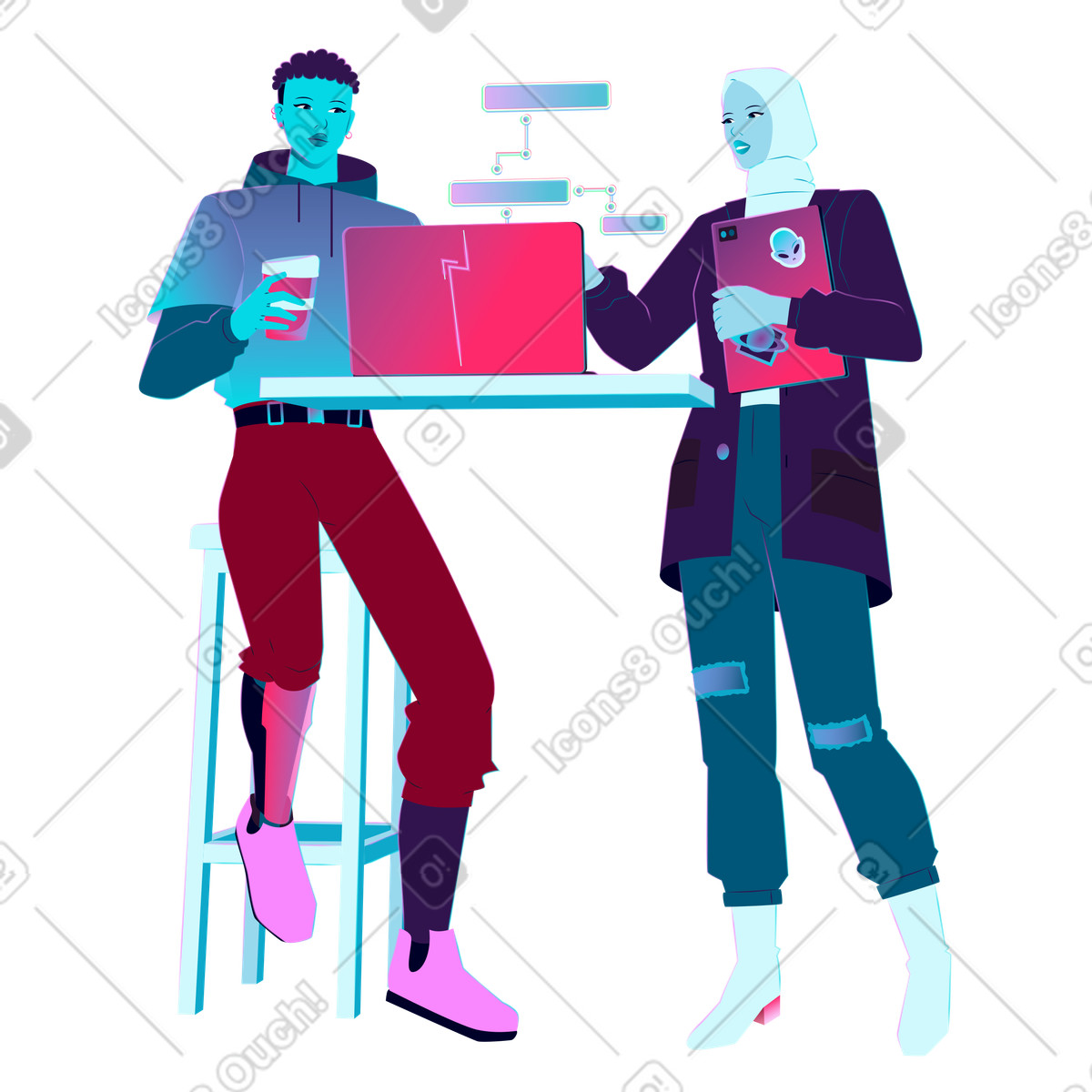 Illustration Coworkers exchanging project ideas, office teamwork and support dans le style Neon à télécharger aux formats PNG, SVG