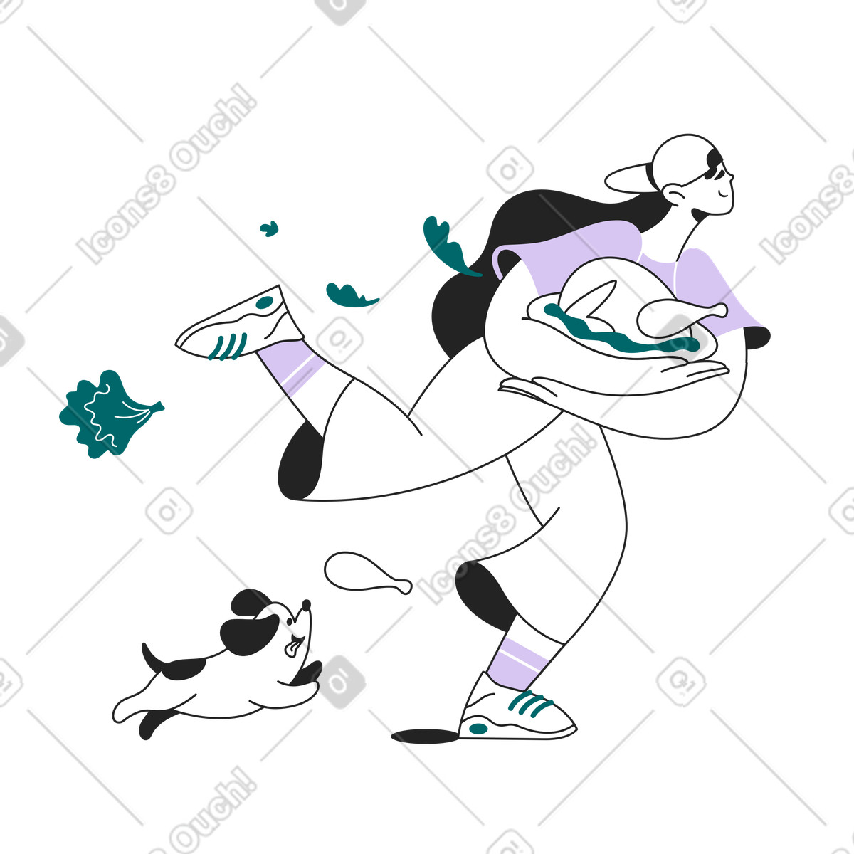 Illustration La fille court avec une dinde dans ses mains le style Sammy Line à télécharger aux formats PNG, SVG