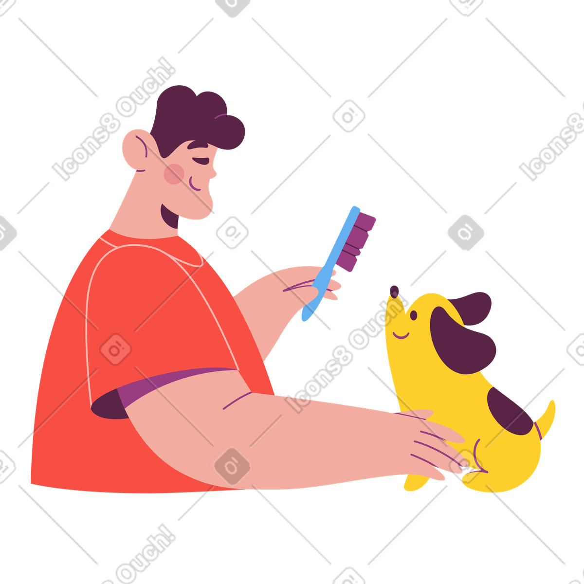 Smiling pet owner grooming dog illustration showcasing animal hygiene clipart images in PNG