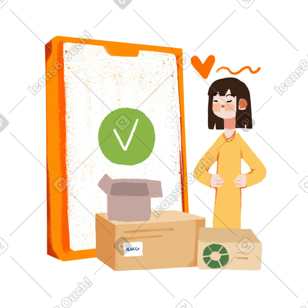 Girl received her order from an online store illustration in Ikigai style download in PNG, SVG