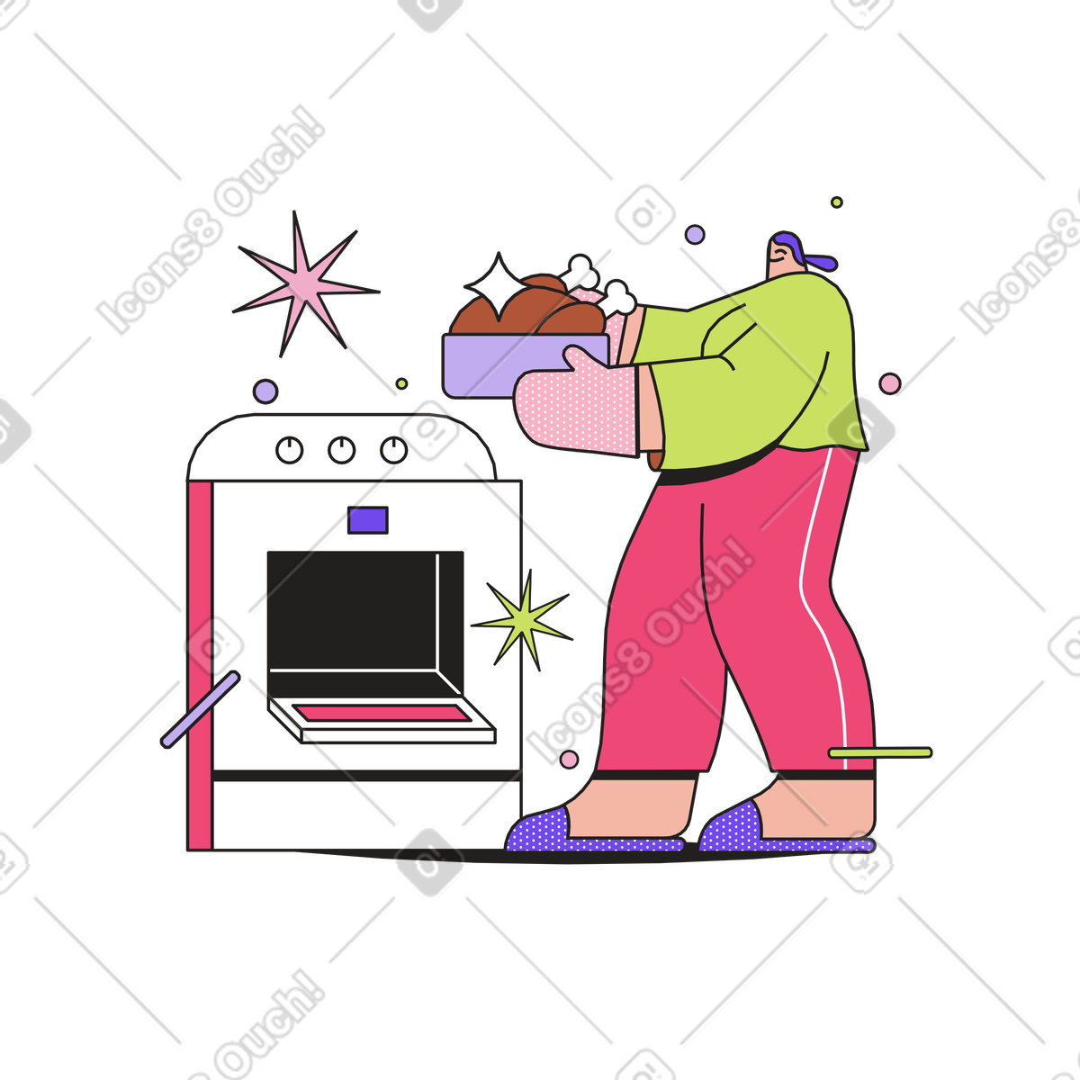 Dazzle スタイルの Putting stuffed turkey into oven, home cooking process のイラストをPNG、SVG形式でダウンロード
