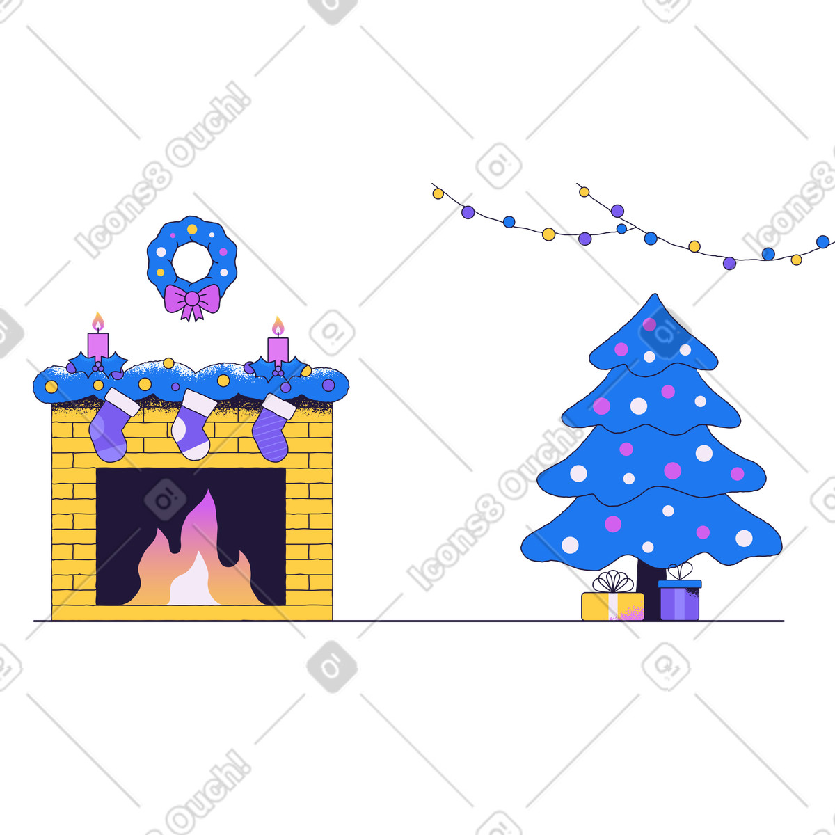 Decorated fireplace with wreath and candles, Winter holiday interior setting illustration in Conifer style download in PNG, SVG