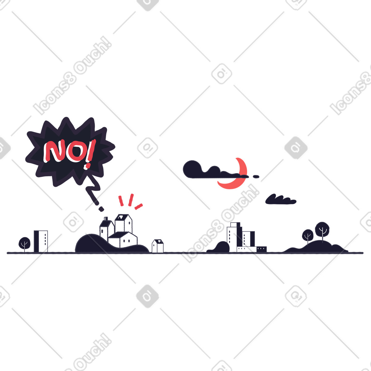 City skyline with dramatic error message, Website fatal or server outage illustrazione in stile Stripy scarica in PNG, SVG
