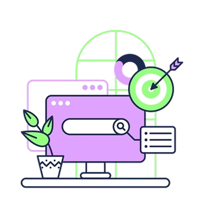 A computer with a search bar and target - Outline style illustration