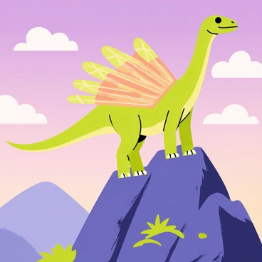 A majestic dinosaur with large, colorful wings is poised at the edge of a rocky mountain peak. The dinosaur has a bright green body with intricate patterns along its wings, which shimmer in the early morning light. The background features a sky transitioning from deep purple to soft orange, indicating dawn. Fluffy clouds are scattered in the sky, and the mountain is covered in patches of green vegetation and rocky outcrops. Below the mountain, a valley is visible, adding depth to the scene.
