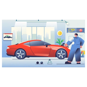 A sleek, red sports car is parked in a high-end, modern urban garage. The garage features polished concrete floors and bright LED lighting reflecting off the car's shiny surface. The sports car has distinctive aerodynamic curves and shiny alloy wheels. Nearby, a mechanic with short black hair, wearing a blue jumpsuit, is focused on inspecting the engine of the car. Various tools are neatly arranged on a workbench beside him. The walls of the garage are adorned with framed racing posters and there is a large window showing glimpses of the city skyline outside.