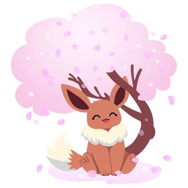 An Eevee is sitting peacefully under a large cherry blossom tree. The tree is vibrant with clusters of pink blossoms, and many petals are gently falling around the Eevee, creating a beautiful scene. The ground is covered with soft pink petals, and a few scattered branches are visible. The Eevee has a fluffy tail curled around its body and is positioned on its haunches, surrounded by the enchanting atmosphere of the blooming tree.
