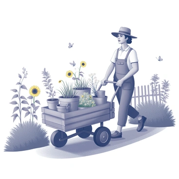 A gardener pushing a cart filled with plants and tools in a vibrant garden.