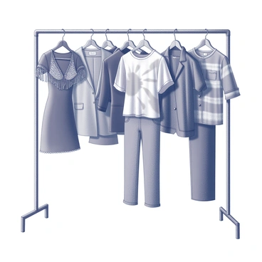 A clothing rack stands prominently, displaying an array of outfits from various decades. Each outfit is meticulously arranged, showcasing distinctive styles from the 1920s through the 1990s. The leftmost outfit features a flapper dress with intricate beadwork and fringes, representative of the 1920s. Adjacent to it, a tailored suit from the 1950s displays a fitted jacket paired with a pencil skirt. The center of the rack showcases a vibrant, tie-dye t-shirt and bell-bottom jeans, embodying the 1970s aesthetic. On the far right, a baggy, grunge-inspired ensemble from the 1990s includes an oversized flannel shirt and distressed jeans. The rack itself is made of metal, and neat hangers hold each outfit securely. The background is minimalistic, allowing the focus to remain on the diverse styles of clothing.