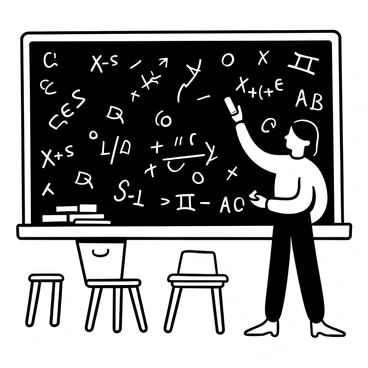 A blackboard filled with intricate math equations, including calculus and algebraic expressions. A teacher standing next to the blackboard, gesturing towards the equations with one hand while holding a piece of chalk in the other. There are several stacks of books on a desk nearby, and a piece of chalk dust is visible in the air around the teacher. A classroom setting with wooden desks and chairs is in the background.