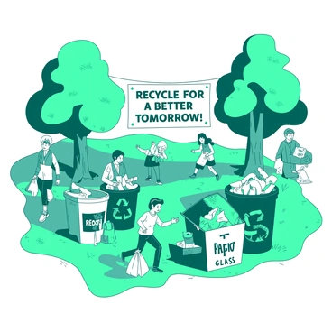 A teal park setting is bustling with activity during a community recycling event. Various people, including a woman sorting plastic bottles and a man organizing paper, are engaged in their tasks. Colorful bins labeled "Plastic," "Paper," "Glass," and "Metal" are placed prominently around them. Children are running nearby, holding small bags filled with recyclables, while a group of volunteers gives tips on proper sorting. A banner reading "Recycle for a Better Tomorrow" hangs between two trees, adding to the vibrant atmosphere of the event.
