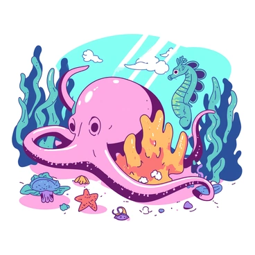 A pink octopus with large, expressive eyes is playfully wrapping its tentacles around a bright orange coral formation within an enchanted kelp forest. Various magical sea creatures, including a teal seahorse with shimmering scales and a small purple fish with sparkling fins, are swimming gracefully among the tall, flowing strands of kelp. Sunlight filters through the water, creating patterns on the sandy ocean floor. In the background, a cluster of colorful shells and starfish are scattered, enhancing the whimsical atmosphere of this underwater fantasy.