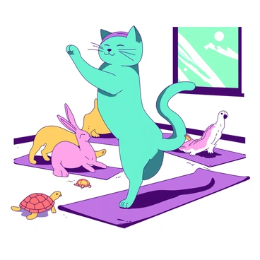 A teal cat with a serene expression stands at the front of a yoga studio, wearing a small purple headband. The cat is demonstrating a yoga pose, balancing on its hind legs with front paws raised gracefully. Surrounding the cat, a group of animal students is following along, each in different yoga poses. A yellow dog is in a downward dog pose, while a pink rabbit is in a seated position with its eyes closed. A small orange turtle is attempting a stretch on a yoga mat, and a white parrot is perched nearby, observing intently. Sunlight streams through a window, illuminating the scene and highlighting the harmony of the yoga session.