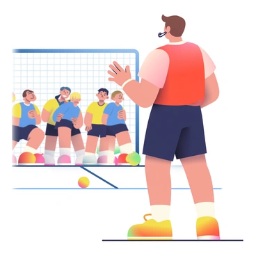 A lively coach with short brown hair and a whistle around their neck is standing at the edge of a dodgeball court. They are wearing a bright red sports jersey and black athletic shorts. The coach is animatedly gesturing with both hands, encouraging the players. In the background, a group of players, wearing matching uniforms in blue and yellow, is positioned on the court, ready for the game. Some players are looking at the coach with focused expressions, while others are stretching or adjusting their gear. The court surface is a polished wooden floor, and colorful dodgeballs are scattered around.