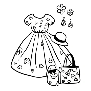 A dress adorned with intricate floral patterns, featuring a flowing design. The dress has short sleeves and a cinched waist, showcasing a graceful silhouette. Next to the dress, there are matching accessories, including a wide-brimmed hat embellished with similar floral designs and a pair of delicate earrings shaped like flowers. Additionally, a handbag with a floral motif rests on a nearby surface.