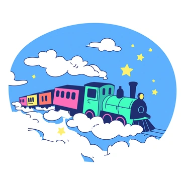 A whimsical train with colorful carriages is traveling through a sea of fluffy white clouds sprinkled with shiny yellow stars. The train is adorned with bright teal patterns along its sides. The sky is a deep blue, accentuating the vibrant colors of the train. Soft wisps of clouds are swirling around the train, creating a sense of movement as it journeys through the dreamlike scene. The stars are twinkling gently, adding a magical touch to the atmosphere.