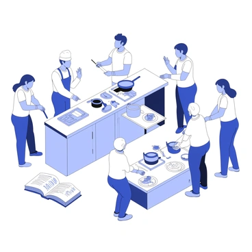 A bustling kitchen filled with participants learning to cook gourmet dishes. Several individuals are standing around a large, stainless steel island, chopping vegetables and measuring ingredients. One participant is honing their skills while sautéing vegetables in a frying pan over a stove. Another is carefully plating a dish with artistic flair, using tweezers to adjust the presentation. Cooking utensils, pots, and pans are scattered across the countertops, and a large cookbook is open beside a group of eager learners. The atmosphere reflects a sense of concentration and creativity as the participants engage in their culinary tasks.