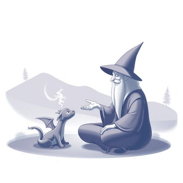A wizard with a flowing robe and a long beard sits cross-legged on the ground. He is engaged in a conversation with a small dragon, which has delicate wings and bright, expressive eyes. The dragon is nestled close to the wizard, its small form highlighted by the surrounding scenery. The wizard gestures gently, and the dragon tilts its head attentively, listening intently. Soft wisps of smoke emerge from the dragon's nostrils as it responds. The setting is a tranquil natural environment, with gentle contours of hills and the hint of trees in the background, creating an atmosphere of calm and companionship.