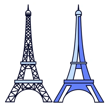 A famous landmark, such as the Eiffel Tower, is shown in two distinct halves. The left half of the tower appears in its original iron lattice structure, showcasing intricate details and a classic design. The right half is transformed into a sleek futuristic design, featuring smooth curves and illuminated panels. The background is clear, allowing the landmark to be the main focus of the image, emphasizing the contrast between the two styles.