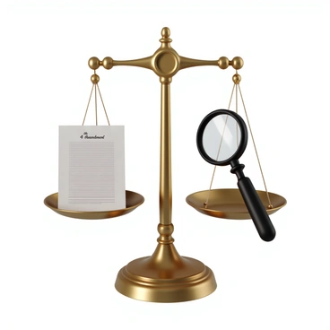 A detailed scale with a polished brass finish, balanced evenly in the center. On one side of the scale sits a "4th Amendment" document, neatly folded with clear text and an official appearance. On the opposite side, there is a magnifying glass with a black handle and a round glass lens, reflecting light. The background is a neutral color to allow the scale and its contents to stand out more prominently. The overall scene emphasizes the theme of justice and scrutiny.