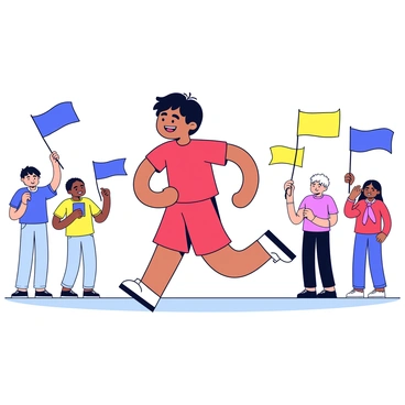 A child running energetically in a fun race during a school sports day. The child is wearing a bright red t-shirt and shorts, and has a big smile on their face. Surrounding the child are colorful flags fluttering in the breeze, with shades of blue, yellow, and green. In the background, there are cheering spectators clapping and holding signs of encouragement. The scene conveys excitement and a festive atmosphere.