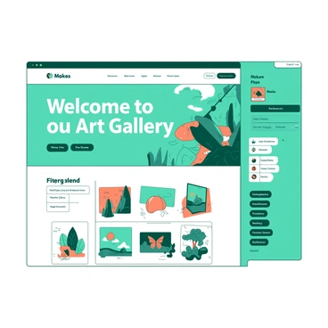 A digital art gallery website features a clean, modern layout with various sections displaying colorful illustrations available for buyers. The homepage prominently showcases a large banner that includes the text "Welcome to Our Art Gallery" in a stylish font. Below the banner, there are multiple thumbnails of illustrations arranged in a grid layout, each framed in a sleek white border. To the side, there is a sidebar with filters for different categories such as "Nature," "Abstract," and "Animals," allowing users to easily browse through the available artworks. The overall color scheme of the website incorporates a harmonious blend of teal and orange, creating an inviting atmosphere for art enthusiasts.
