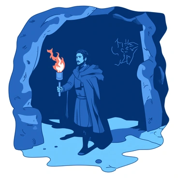 A blue Jon Snow is standing in a dark, ancient cave. He is holding a flickering orange torch that casts a warm glow around him. The walls of the cave are rugged and uneven, with jagged rocks jutting out. Shadows dance across the surfaces as the torchlight flickers. Jon's expression is focused and determined as he surveys his surroundings, with his black cloak flowing behind him in the cave's draft. In the background, there are indications of old carvings on the cave walls, hinting at its mysterious history.