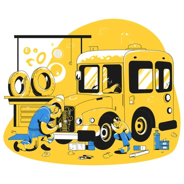 A mechanic is crouched down next to a broken-down old bus, inspecting its engine. The bus has a worn exterior with rust spots and peeling paint. The garage is cluttered with tools, spare parts, and a workbench covered in grease stains. Dust particles float in the sunlight streaming through a small window. The mechanic wears a blue jumpsuit, gloves, and a cap, focused on repairing the bus. Around him, there are various mechanical equipment and tires stacked against the wall.