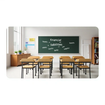 A classroom setting with wooden desks arranged in neat rows. The walls are painted a light color, providing a bright and inviting atmosphere. In the front of the room, there is a large blackboard. The blackboard is filled with various "financial terms" written in white chalk, including phrases like "assets," "liabilities," and "cash flow." Above the blackboard, there is a bulletin board with educational posters related to finance. There are several bookshelves on the side, filled with textbooks and reference materials. A large window allows natural light to filter in, illuminating the space.