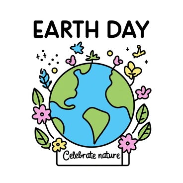A vibrant poster featuring the text "Earth Day" at the top in bold letters. Below, a large illustration of a green globe surrounded by various plants and flowers in bright colors. There are illustrations of trees with lush, green leaves and colorful flowers, as well as animals like birds and butterflies flying around the globe. At the bottom of the poster, there is a small banner that reads "Celebrate nature" in a decorative font. The overall composition is lively, emphasizing the beauty of nature and the importance of preserving the Earth.