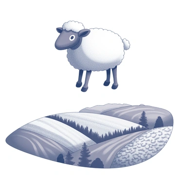 A "hot air balloon" shaped like a "sheep" is floating high in the sky. The balloon's body is covered in fluffy, white fabric resembling fleece, with black accents mimicking the sheep's legs and face. Below, a "patchwork countryside" unfolds, featuring fields of various textures and patterns, including rows of crops, meadows with wildflowers, and patches of trees. The landscape is divided into distinct sections, each with different shades of green and brown, creating a quilt-like appearance. The sun casts light across the scene, adding depth to the fields below.