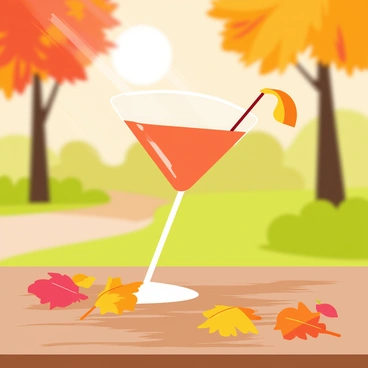 A glass of "negroni" sits on a wooden table, showcasing its amber-orange liquid and a twist of orange peel garnishing the edge. The glass is surrounded by a variety of "vibrant autumn leaves" in shades of red, orange, and yellow, scattered across the table and the grassy park floor. In the background, there are softly blurred trees displaying their autumn foliage, creating a warm atmosphere. Sunlight filters through the leaves, casting dappled shadows on the table, enhancing the cozy, seasonal setting.