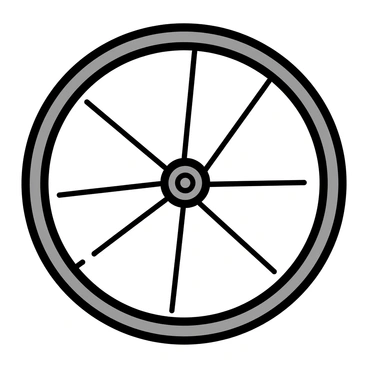 A bicycle wheel with a circular rim and a hub at the center. The wheel has an excessive number of spokes radiating from the hub to the rim, more than usual for a standard bicycle wheel. Each spoke is evenly spaced and straight, connecting the rim to the hub. The wheel is depicted with a clear distinction between the spokes and the rim, illustrating the concept of an improper fraction visually by the abundance of spokes. The background is plain, emphasizing the bicycle wheel as the focal point of the image.