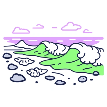 A scene depicting an ocean with rolling waves crashing against the shore. The water appears dynamic, with the waves exhibiting a shimmering quality. In the foreground, the waves are highlighted with a blend of textures and forms, creating a sense of movement. The beach is lined with smooth stones and scattered seashells. In the background, the horizon stretches into the distance, where the sky meets the ocean, showcasing the vastness of the sea. The overall composition captures the essence of the ocean's rhythmic nature.