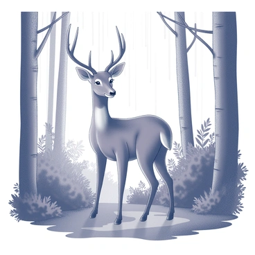 A roe deer standing with its head held high, surrounded by tall trees and dense underbrush. Raindrops are falling from the leaves, creating small splashes on the ground. The deer has a slender body with a reddish-brown coat, and its dark eyes appear alert. The forest is filled with various shades of green, highlighting the foliage and plants that surround the deer. The atmosphere is tranquil, with the soft sound of rain in the background.