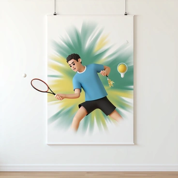 A large poster on a store wall features a "badminton player" in action. The player is captured mid-swing, wearing a bright blue jersey and black shorts. Their expression is focused and determined, showcasing the intensity of the game. The background is filled with dynamic colors that suggest motion, blending shades of green and yellow. The player's racket is positioned accurately, striking a shuttlecock that is just leaving the frame, adding a sense of energy to the scene. The overall composition emphasizes the movement and excitement of badminton.