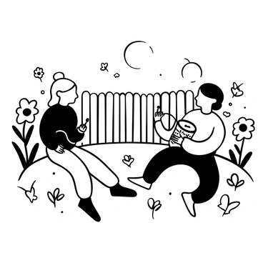 Two children sitting on a patch of grass in a backyard, surrounded by blooming flowers. One child is holding one end of a string connected to a tin can, while the other child is holding the opposite end of the string, smiling in anticipation. The sun casts long shadows, creating patterns on the ground. A few butterflies flutter around the flowers, and a wooden fence is visible in the background. Words "Can you hear me?" are written on the tin can held by the child.