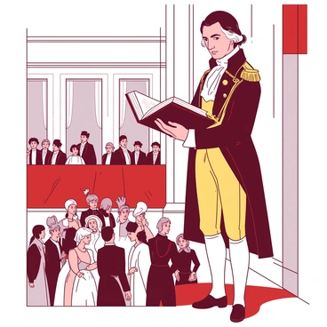 George Washington stands on a grand balcony, holding a large open book with a serious expression. He is dressed in a classic 18th-century military uniform, complete with intricate golden details. Below him, a diverse crowd of men and women in period attire looks on with admiration and anticipation. The balcony is adorned with red and white banners, and decorative elements enhance the scene. Washington's right hand is raised, emphasizing the moment of taking his first oath of office.
