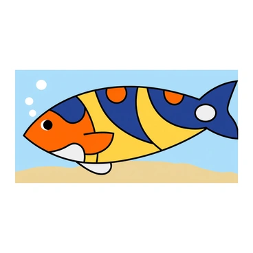 A flounder fish with a flat body and prominent eyes. The fish is depicted using various bold colors such as deep blue, bright orange, and vibrant yellow. Geometric shapes are integrated into the design of the fish, with triangles and circles that create a dynamic pattern on its body. The fish is swimming in clear water, with small bubbles rising around it, and the background features a sandy ocean floor.
