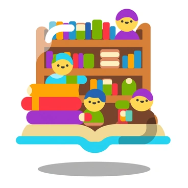 A cozy vintage bookstore with cartoon characters browsing through stacks of old books.
