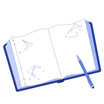 A student's notebook open on a desk, featuring simple doodles of parabolas in the margins. The parabolas are sketched in a freestyle manner, showcasing various sizes and orientations. Some parabolas are wider, while others are more narrow and pointed, all drawn with a pencil. The pages of the notebook are slightly crumpled and filled with handwritten notes and mathematical equations, indicating active learning. A pen lies closed on the right side of the notebook, adding to the scene of studying.