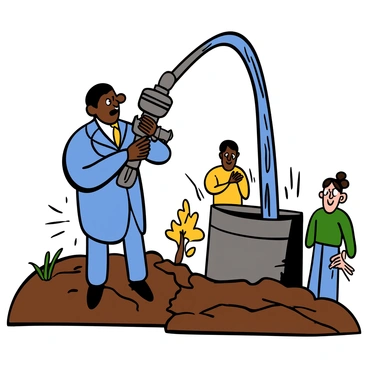 A powerful figure with dark skin and short black hair is standing confidently, overseeing a dry landscape with cracked earth and sparse vegetation. The figure is wearing a blue and silver suit, symbolizing authority. In one hand, they hold a large water control valve, while the other hand gestures as they command the flow of water from a nearby reservoir. In the background, a few people with worried expressions are looking towards the figure, illustrating the impact of the drought on the community. The sky is bright and clear, emphasizing the urgency of the situation.