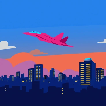 An F5 jet is soaring through the sky above a city skyline at dusk. The jet is depicted in a dynamic position, with its wings angled gracefully as it cuts through the clouds. Below, the cityscape features tall buildings with reflective glass windows, some illuminated and others beginning to light up as the evening sets in. The sky is painted in hues of deep blue and orange as the sun sets, creating a beautiful gradient. The lights of the city are starting to twinkle, casting a warm glow that contrasts with the cool tones of the twilight.